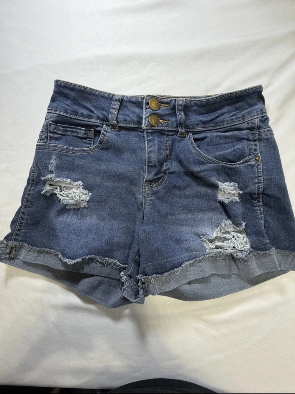 Women's Distressed High-Waist Denim Shorts - Blue